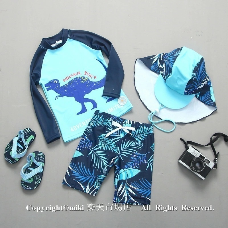 【新品プロモ-ション】子供水着 【激安!価!】 恐竜 キャップ付き セパレート水着 キッズ こども 子供用 3点セット UVカット 帽子付け フィットネス ベビー水着 キッズ 男子 男子 ボーイズ み