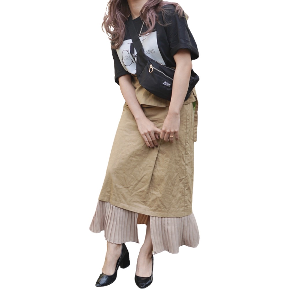 Pleats Switching Chino Long Skirt *with Belt (beige) A,D,G レディース ボトムスロングスカート