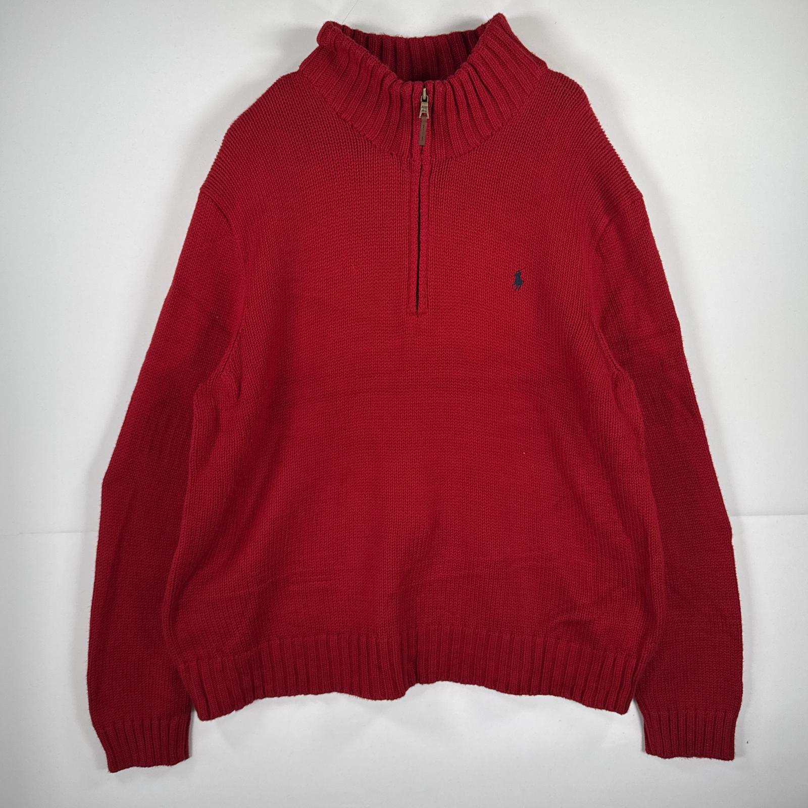 古着 ポロバイラルフローレン Polo by Ralph Lauren 長袖 セーター ハーフジップ　ニット 大きいサイズ ワンポイント XXL レッド 無地 メンズ