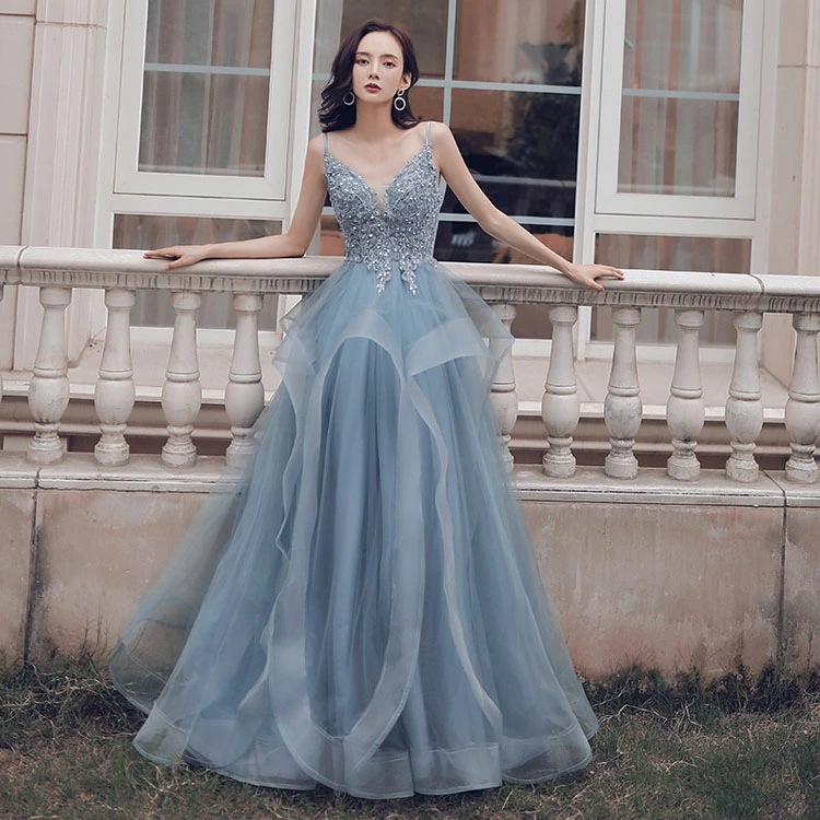 イブニングドレス ブルー キャミドレス ロングドレス 発表会ドレス ノースリーブ Vネック セクシー 演奏会ドレス ワイン赤 結婚式ドレス 二次会ドレス パーティードレス フリル オシャレ Aライン