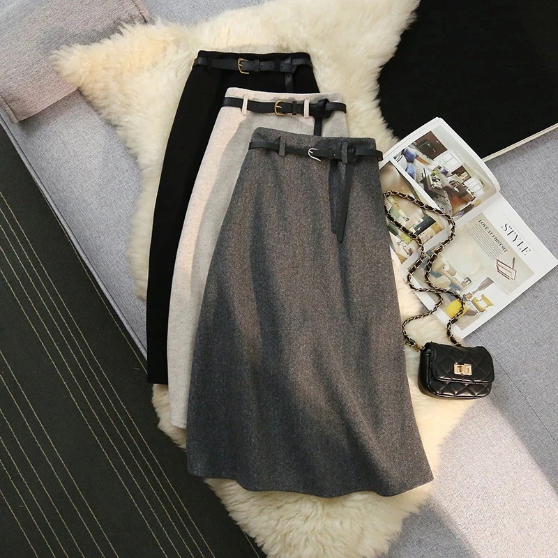 ふわっとフレアスカート 厚手 ウール ツイード シンプル 半そでスカート レディース 秋冬 ハイウエスト ミドル丈モデル 大きな裾のスカート 韓国ファッション