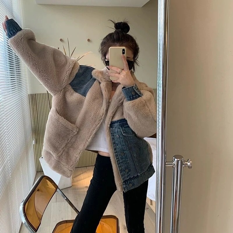 福袋デニム切り替え 防寒 ふわふわ 厚手 毛皮 中綿ジャケット 裏起毛 皮毛一体 ラムズウール ディアフリース ダウンジャケット スウェット パーカー マウンテンパーカー プラッシュ イーザッカ