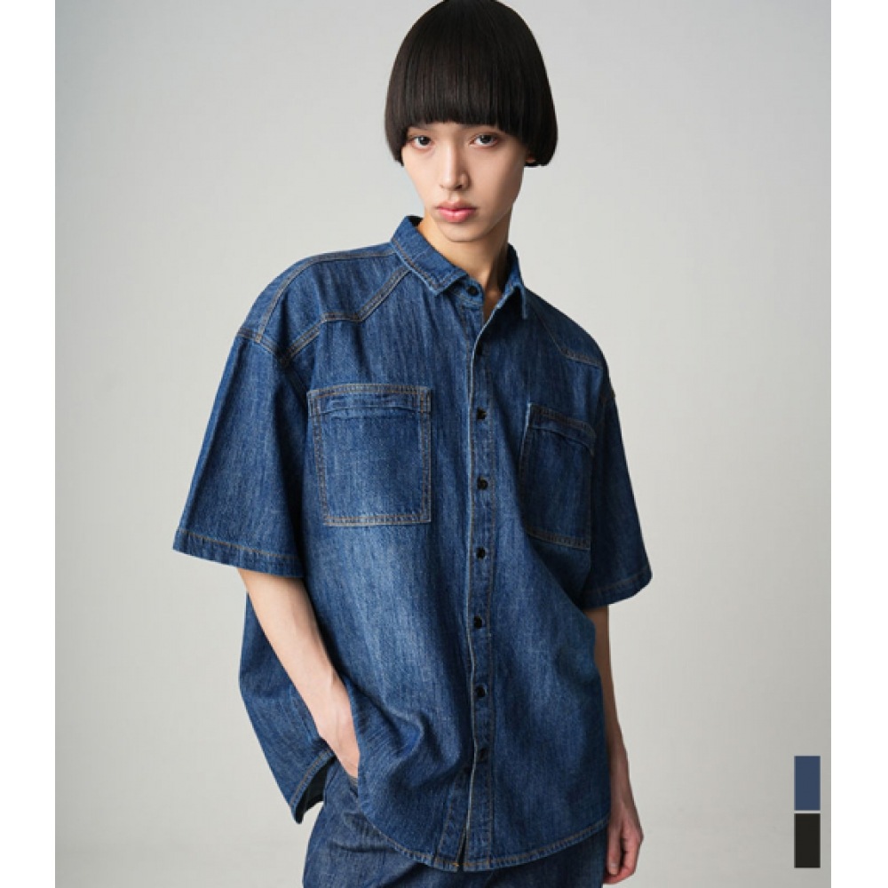 アヴァンドレスクーリングウエスタンショートスリーブデニムシャツ-2COL