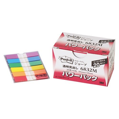 （まとめ買い）ポストイット ジョーブ 透明見出し パワーパック 44x10mm 6色x20パック 6832M [x3]