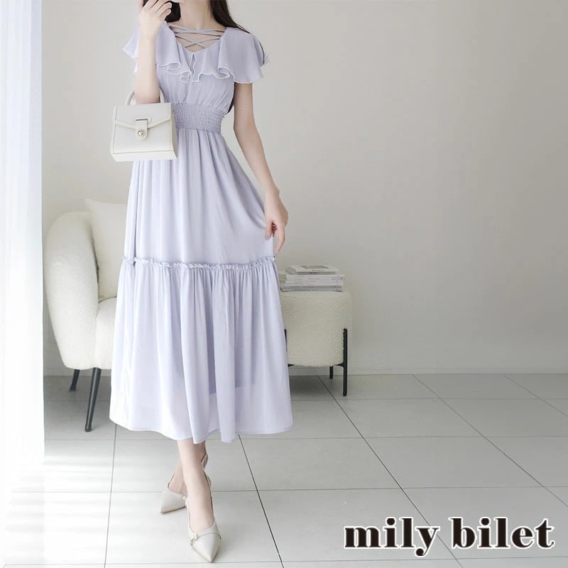milybilet レディース ワンピース/ドレス ワンピース クロスデザイン 楊柳 フリル襟 ワンピース クロスデザイン 楊柳 フリル襟 ワンピース ティアードデザイン 上品 カジュアル 一枚 上品