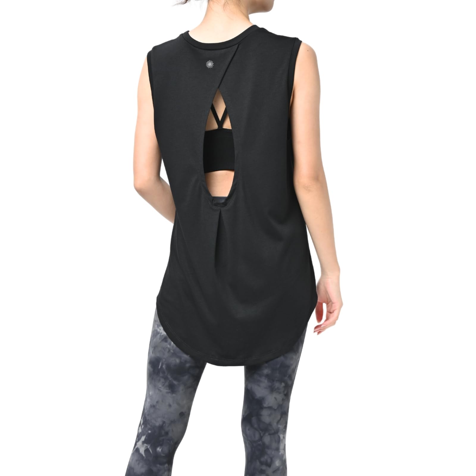 [machikaada] ヨガウェア レディース トップス タンクトップ ロング丈 丈長 体型カバー バックデザイン ストレッチ おしゃれ かわいい ブランド 631 (ブラック, Ｆ)