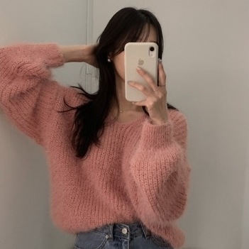 セーター ニット トップス クルーネック モヘア 起毛 ワイド ビッグシルエット ドロップショルダー 長袖