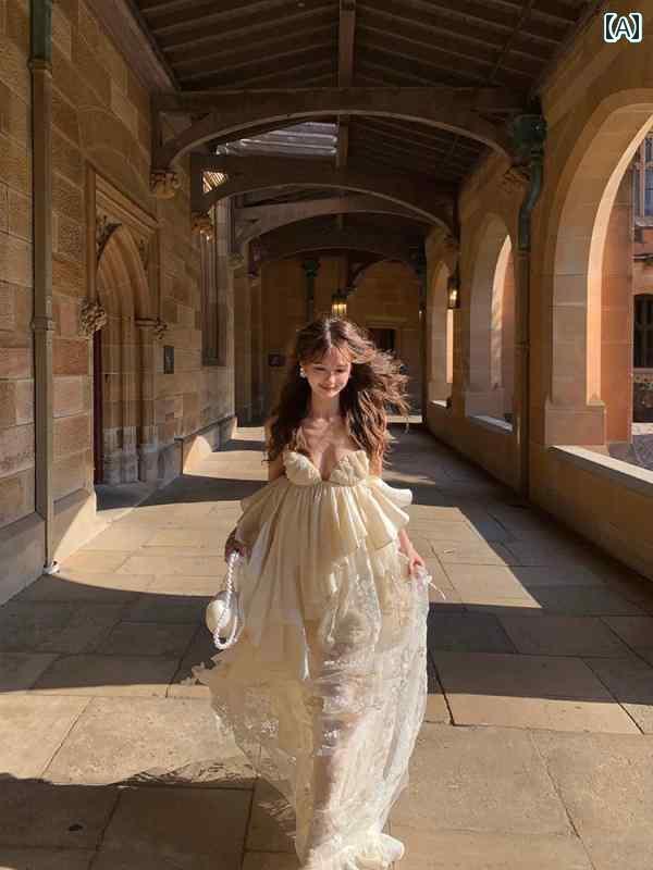 ワンピース ドレス レディース ランナウェイ プリンセス サスペンダー ドレス 高級 フェアリー 不規則 レース ジャカード ロング スカート ライト ウェディングドレス モーニング ガウン