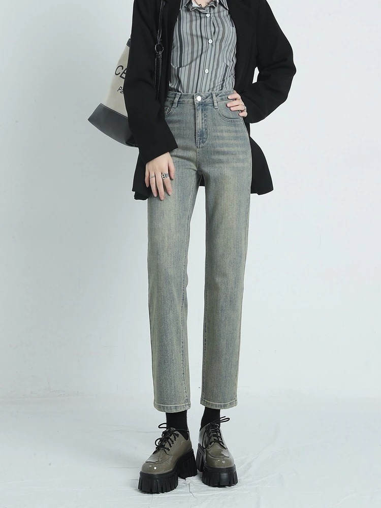 ヴィンテージ青と黄色のストレートジーンズ女性新しいハイウlエスト細い9分小さいサイズ息子