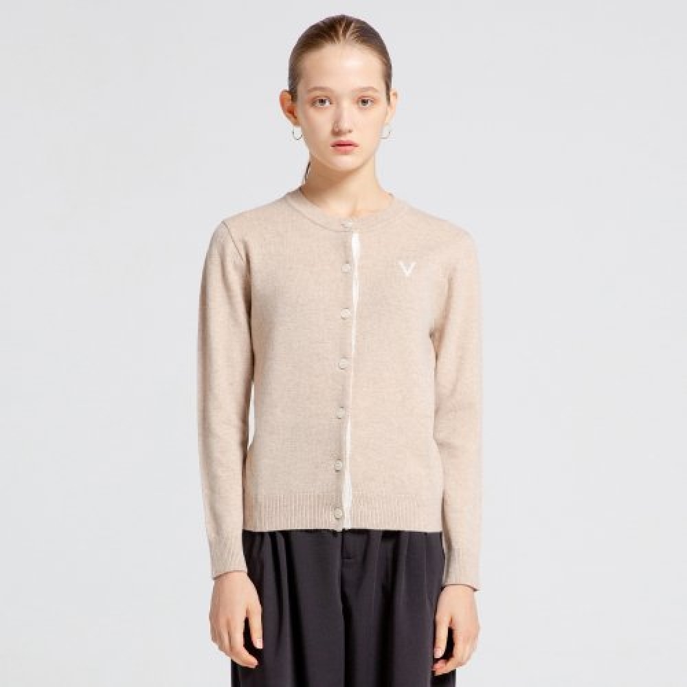 ヴィアボンデヴィア 100% ウール Vロゴインタルシアカーディガン（ベージュ）