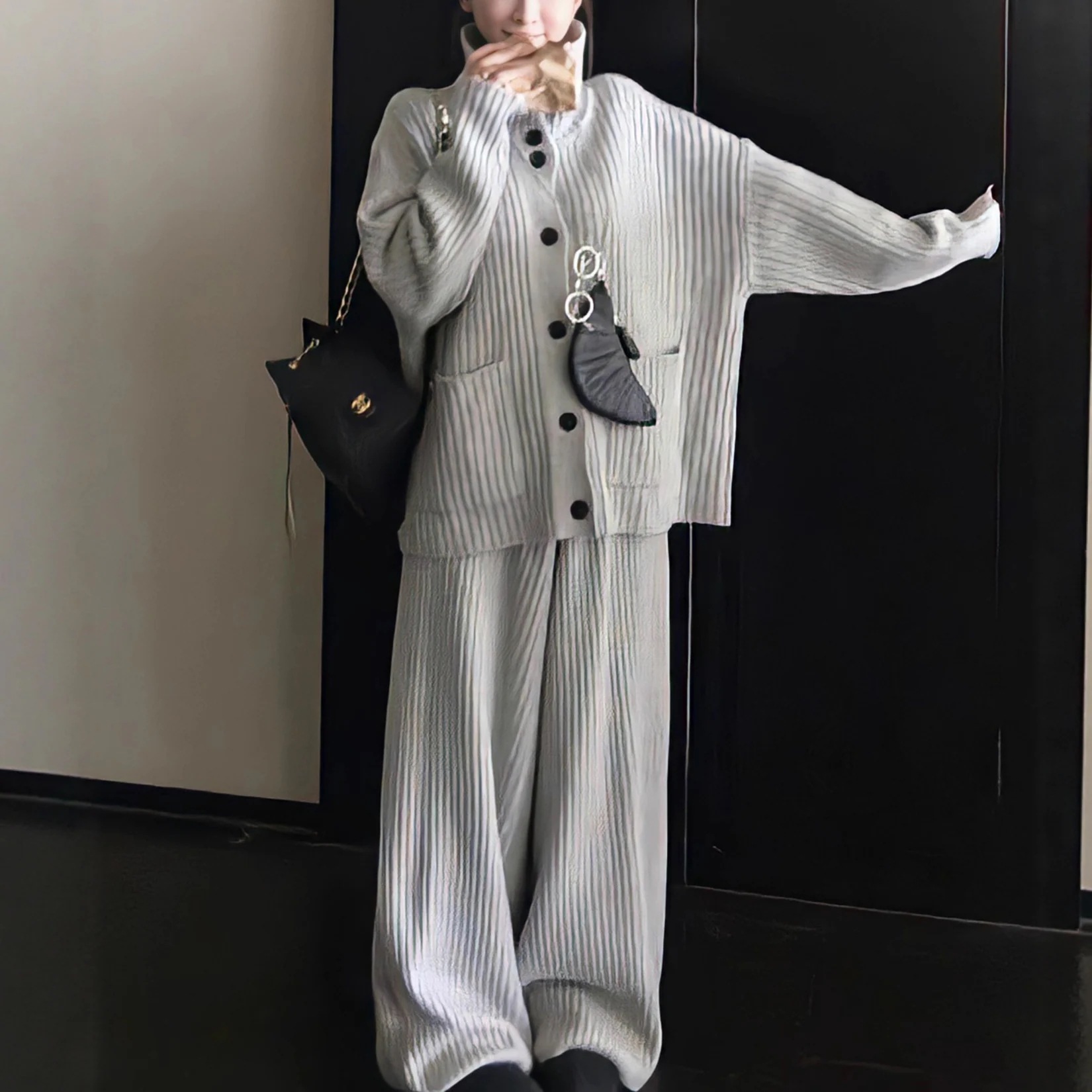 韓国風 カジュアルニットセット 婦人用 新作 厚手 ックカーディガン＋ルーズワイドパンツ 2点セット