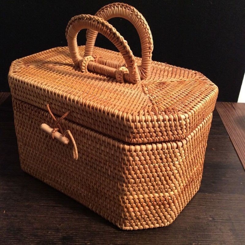 数量限定 ラタンバスケット 八角形 茶箱 雑貨収納 リビング収納 キッチン収納 キャンプ ピクニック 裁縫箱 ベトナム籐