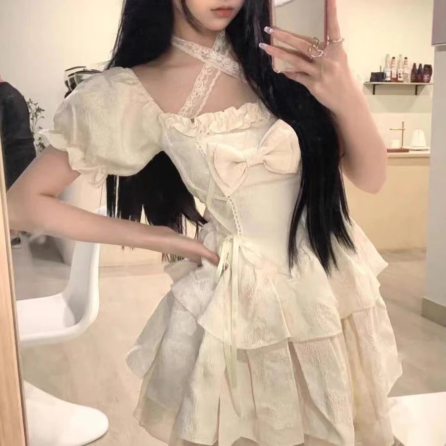 ロリータ コスプレ 春夏 蝶々 着痩せ ワンピース ティーブレイクドレス バブル袖