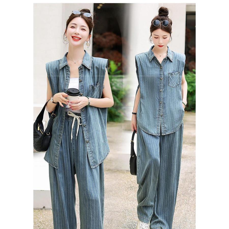 2枚購入で 2oo円FF!コーデ完成セットアップ レディース 40代 デニムセットアップ 無袖シャツ＋ロングパンツ 2点セット レディース 上下セット 着痩せ 体型カバー 薄手 カジュアル 新作