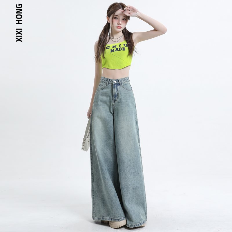 女性用アメリカンレトロドレープワイドレッグジーンズハイウエスト夏洋ナシ型ゆったりスリムフロアレングスパンツ