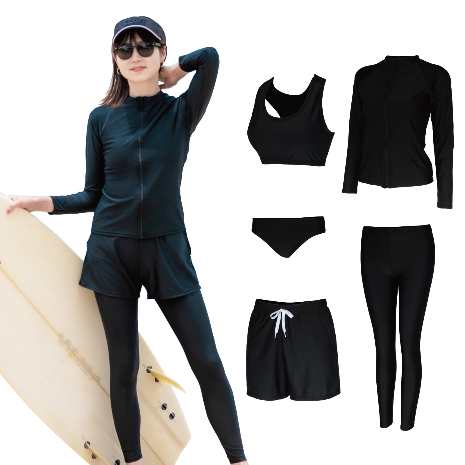 [AQXIA] ラッシュガード レディース 5点セット (プロウェイクボーダー推薦) 水着 体型カバー レギンス タンキニ ブラック M