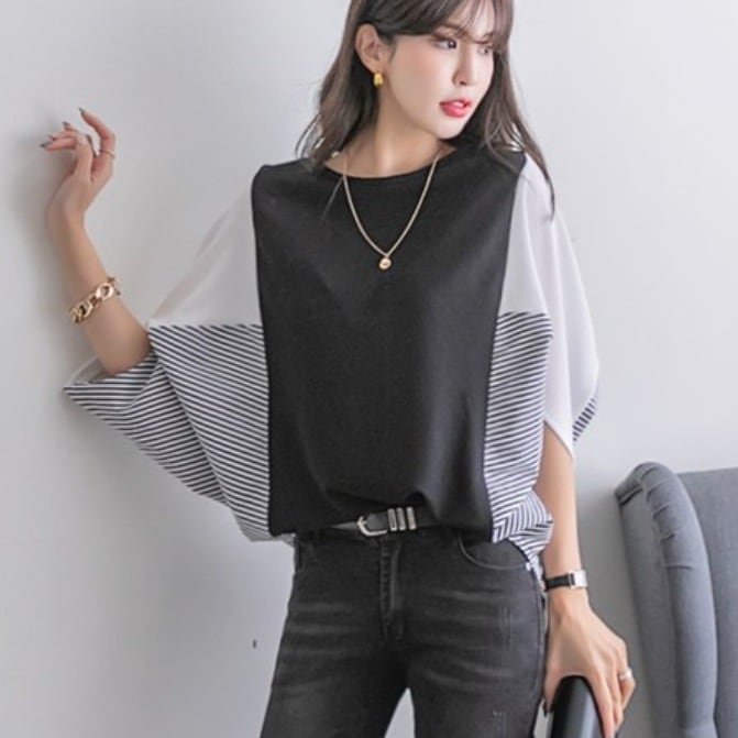 カットソー Tシャツ 配色カットソー ストライプシャツ 切り替え ドルマンスリーブ 韓国 レディース オルチャン 黒 ブラック ネイビー ルーズ ドロップショルダー シフォン 半袖