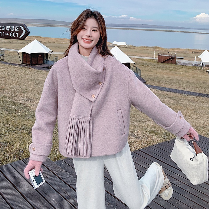 ニッチ取り外し可能なスカーフ二つの摩耗両面カシミアコート2024新しい甘い老化小さなツイードジャケット