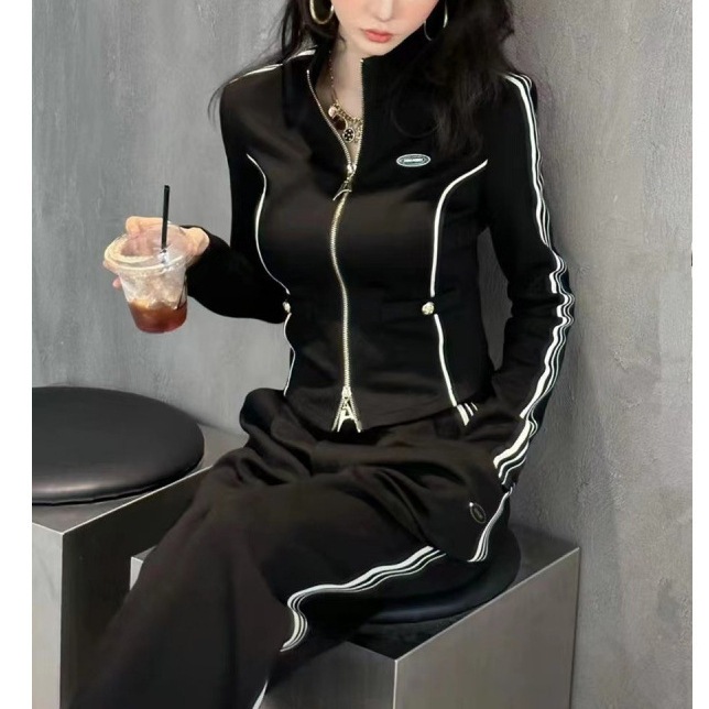ハイエンドのカスタマイズ-ファッショナブルなカジュアルスポーツスーツ女性のスリムジャケットワイド脚パンツ 2 点セット 2024 春の新作婦人服
