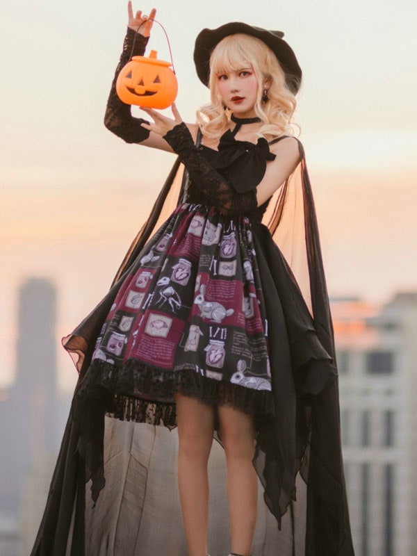 【全店任意2枚購入で100円OFF】甘いロリータJSKドレスネバーランドフローラルプリントカスケードフリルボウポリエステルマホガニーロリータジャンパースカート