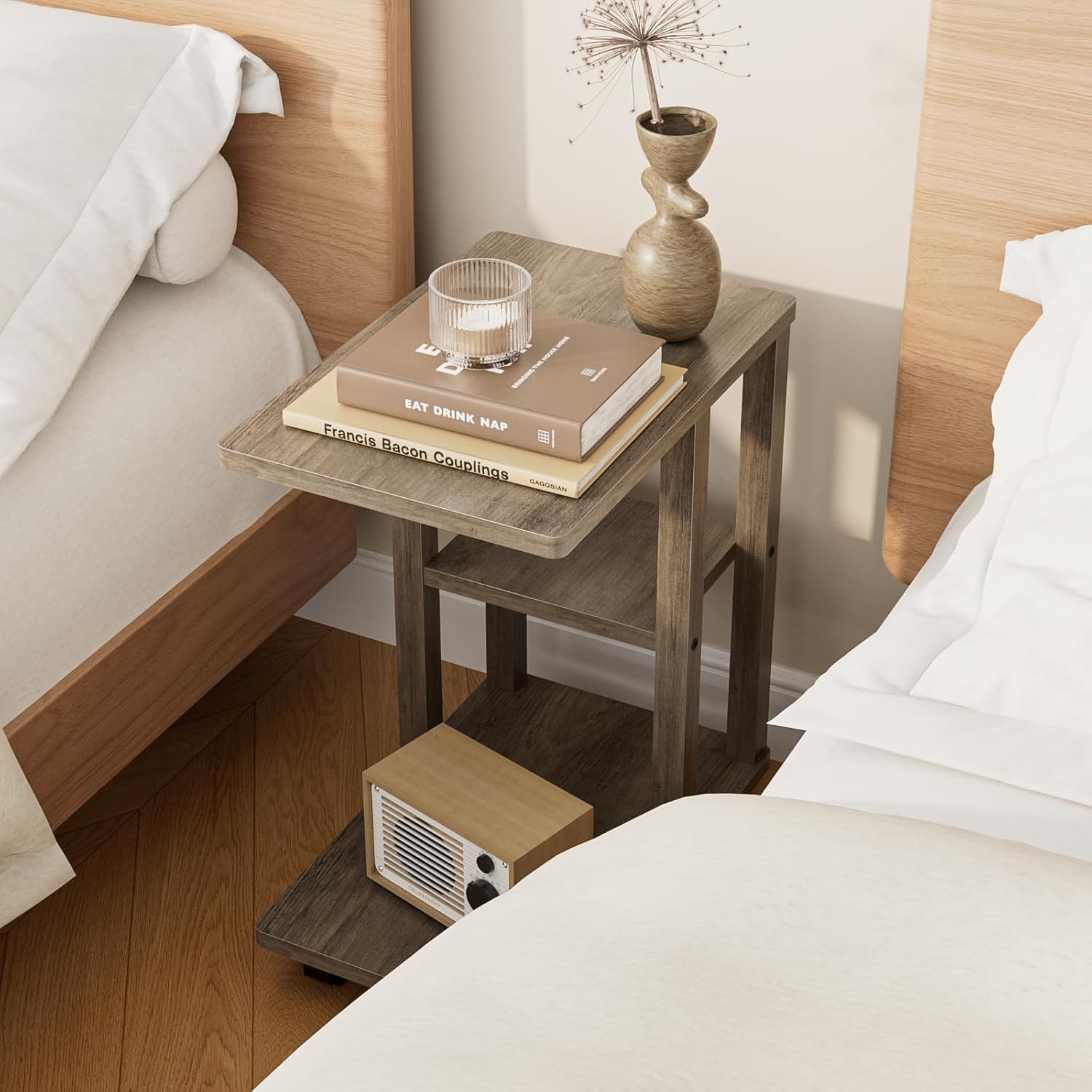 キャスター付きコの字型サイドテーブル 幅40×奥行26×高さ48.5cm グレー