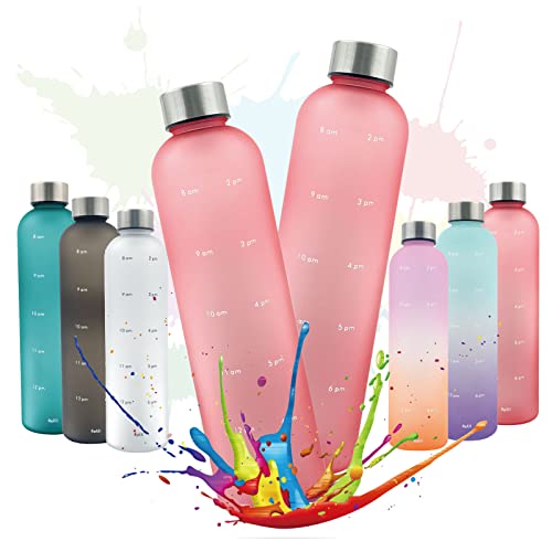 TOOGABBIE 水筒 1リットル 軽量 ウォーターボトル 1000ml タイムマーカー付きウォーターボトル ミント モチベーション測定 時間と量付き BPAフリーのつや消しプラスチック ねじ込み式