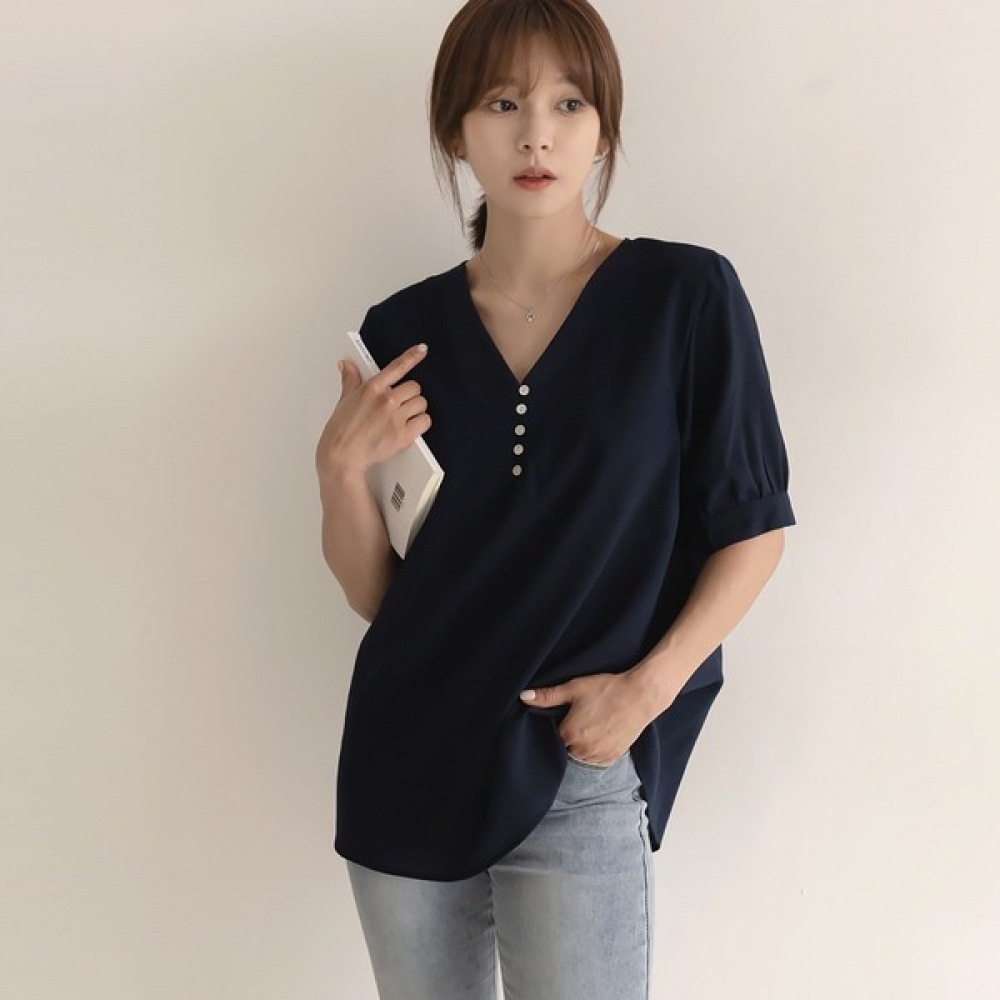 (Elysia) ボタンVリネン半袖ブラウス