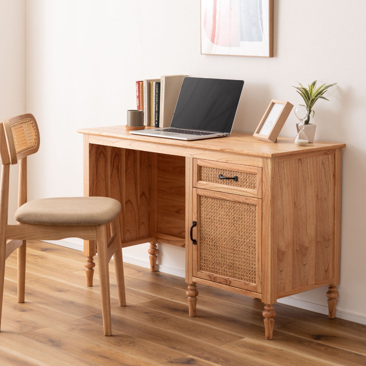 デスク シンプル 幅112cm 引出し付 ラタン 机 パソコンデスク オフィスデスク 籐 籐編み 籐製 かごめ 収納 木製 ナチュラル おしゃれ 完成品 天然素材