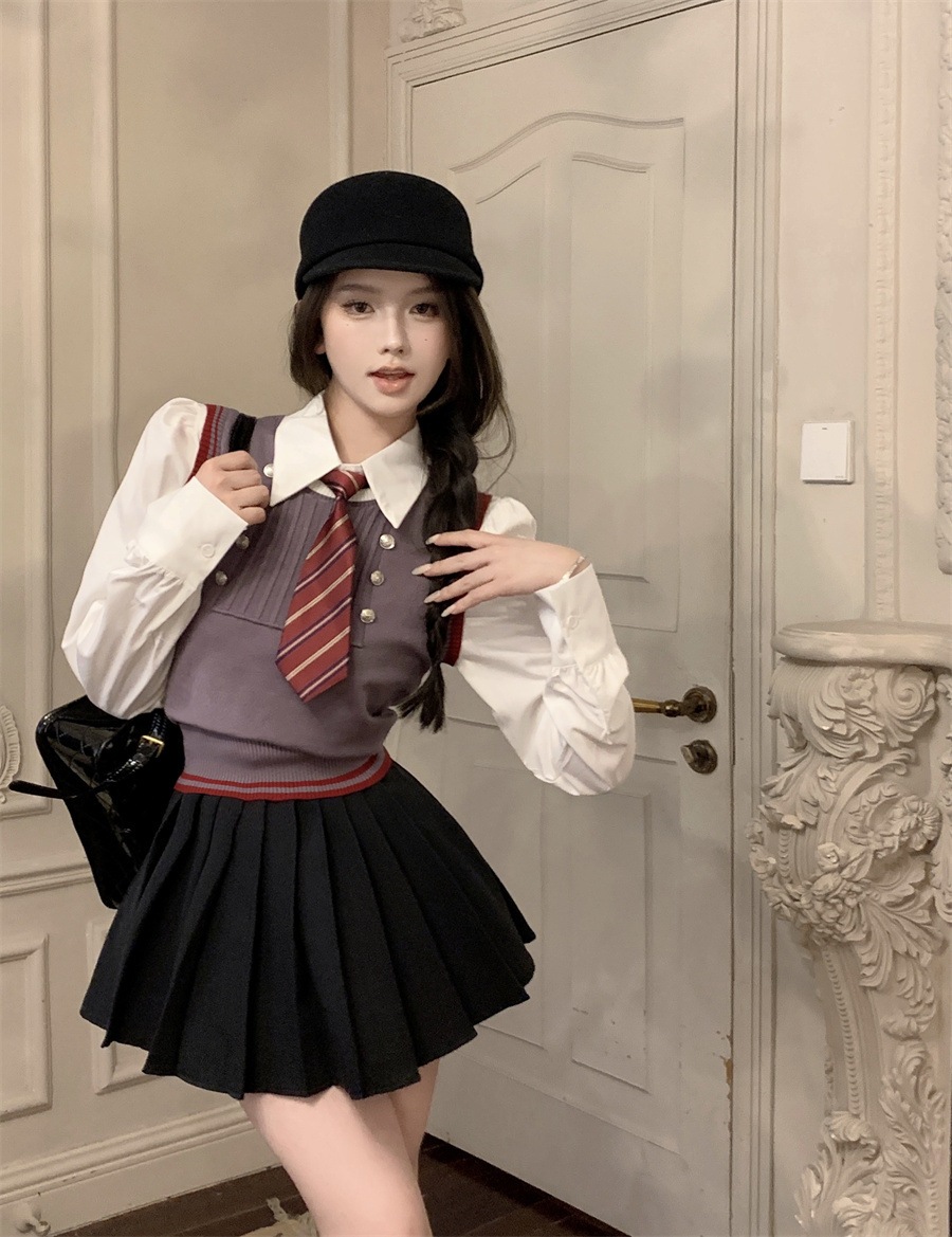 美のアカデミー風ニットベストプリーツJKセット3点セット