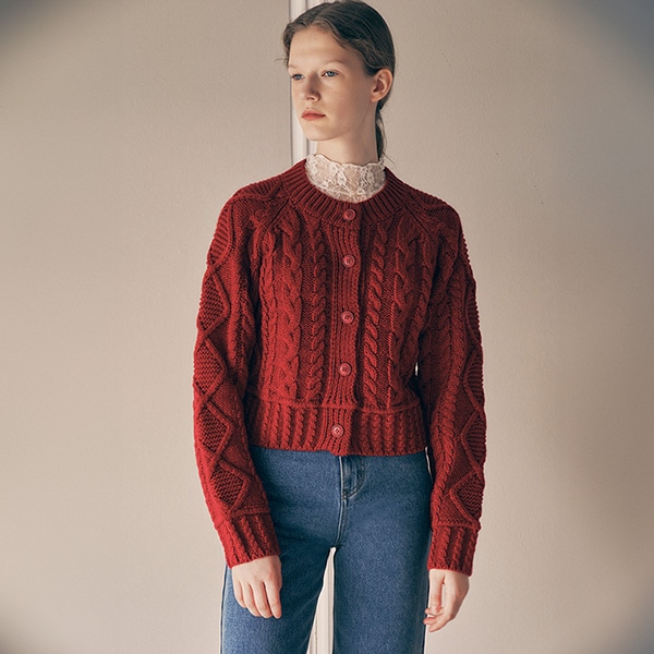 WOOL BLENDED CABLE CARDIGAN RED