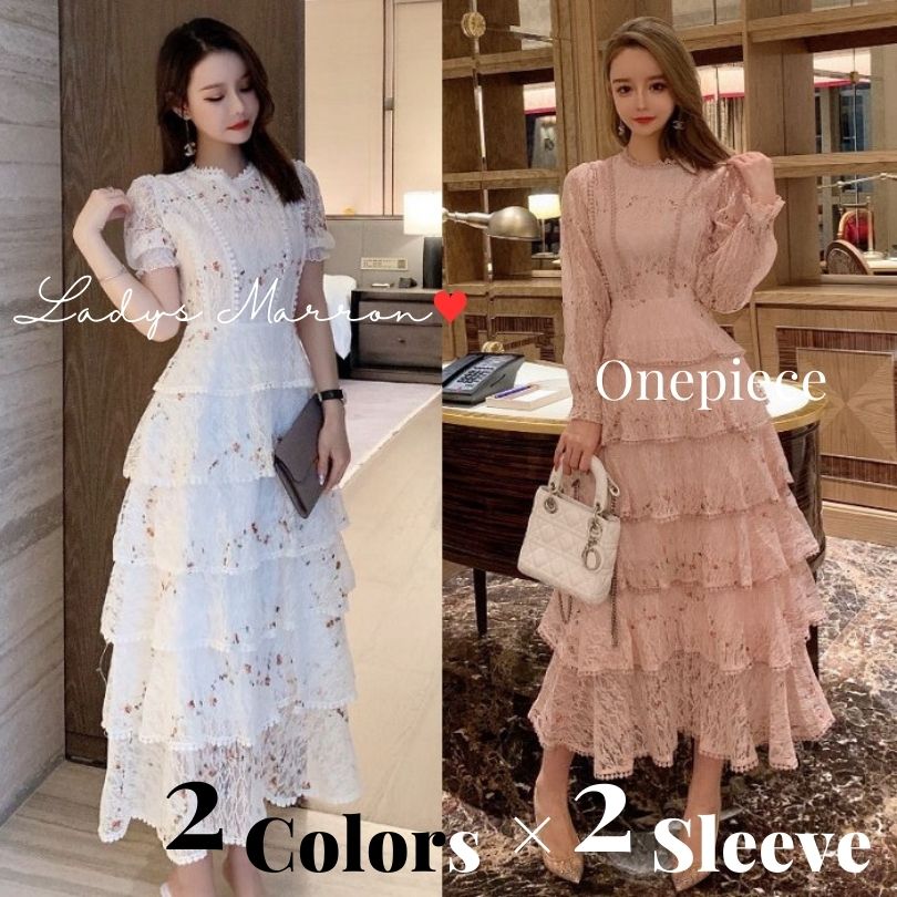 【即納】花柄ワンピース ティアードワンピース 白ワンピース ピンクワンピース 白いワンピース ドレス 可愛い 花柄 春 夏 秋 半袖 長袖 ロング丈 フレア 総レース キャンディスリーブ ガーリー レ