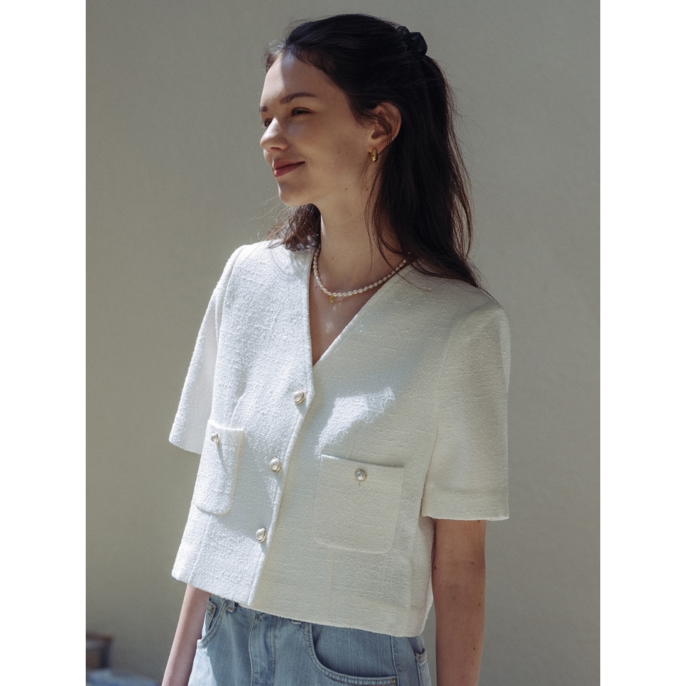 TILLIDIE ノーカラーパールボタンサマーツイードジャケット ホワイト