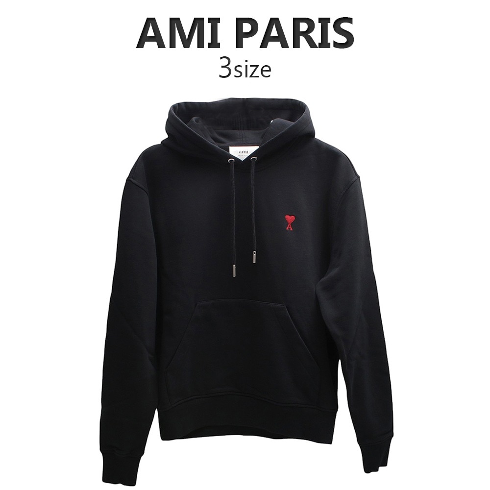 アミパリス AMI PARIS フーディ パーカー BFUSW235 AMI DE COEUR HOODIE ブラック コットン ハートロゴ 刺繍 001 S M L XL メンズ レディス 秋冬