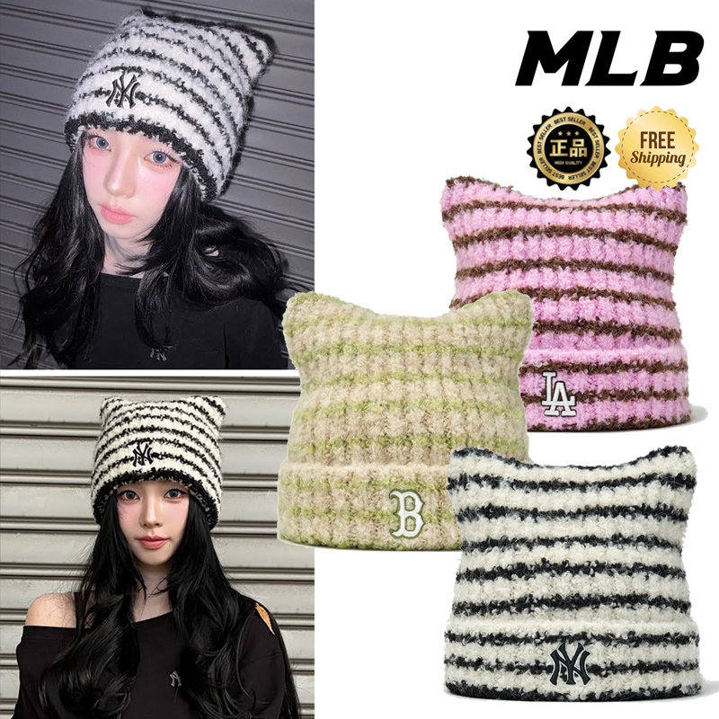3ABNB1656 Stripe Meow Beanie 25FW 新作 aespa KARINA着用 猫耳 ボーダー ふわもこ 厚手 防寒 保温 伸縮 韓国コーデ コーデ提案パーカー ジャケット秋冬