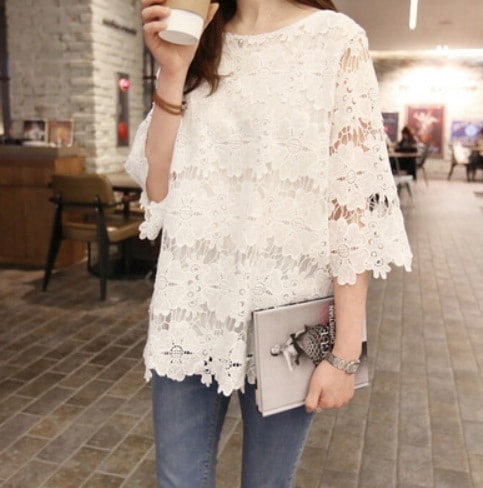 トップス モテアイテム エレガント 可愛い シースルー ブラウス 白トップス 7分袖 七分袖 ボリューム袖 ラウンドネック Aライン レース 刺繍 透け感 シースルー 通気性 薄手 きれいめ 5,493円