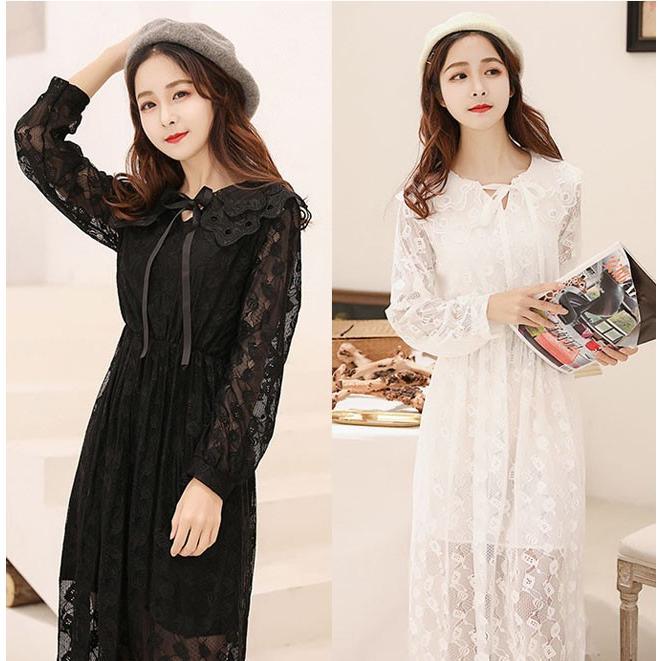 【即納】レディース ワンピース 総レース裏地有りマキシワンピ長袖無地ホワイトブラックパーティードレス ロング丈 レディース
