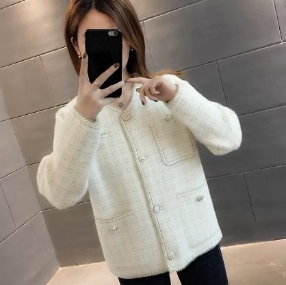 ツイードジャケット風ニットカーディガン トップス カーディガン 袖あり 長袖 襟無し ストレート ニット 伸縮性 綿 爽やか かわいい 可愛い きれいめ シンプル カジュアル 上品 おしゃれ