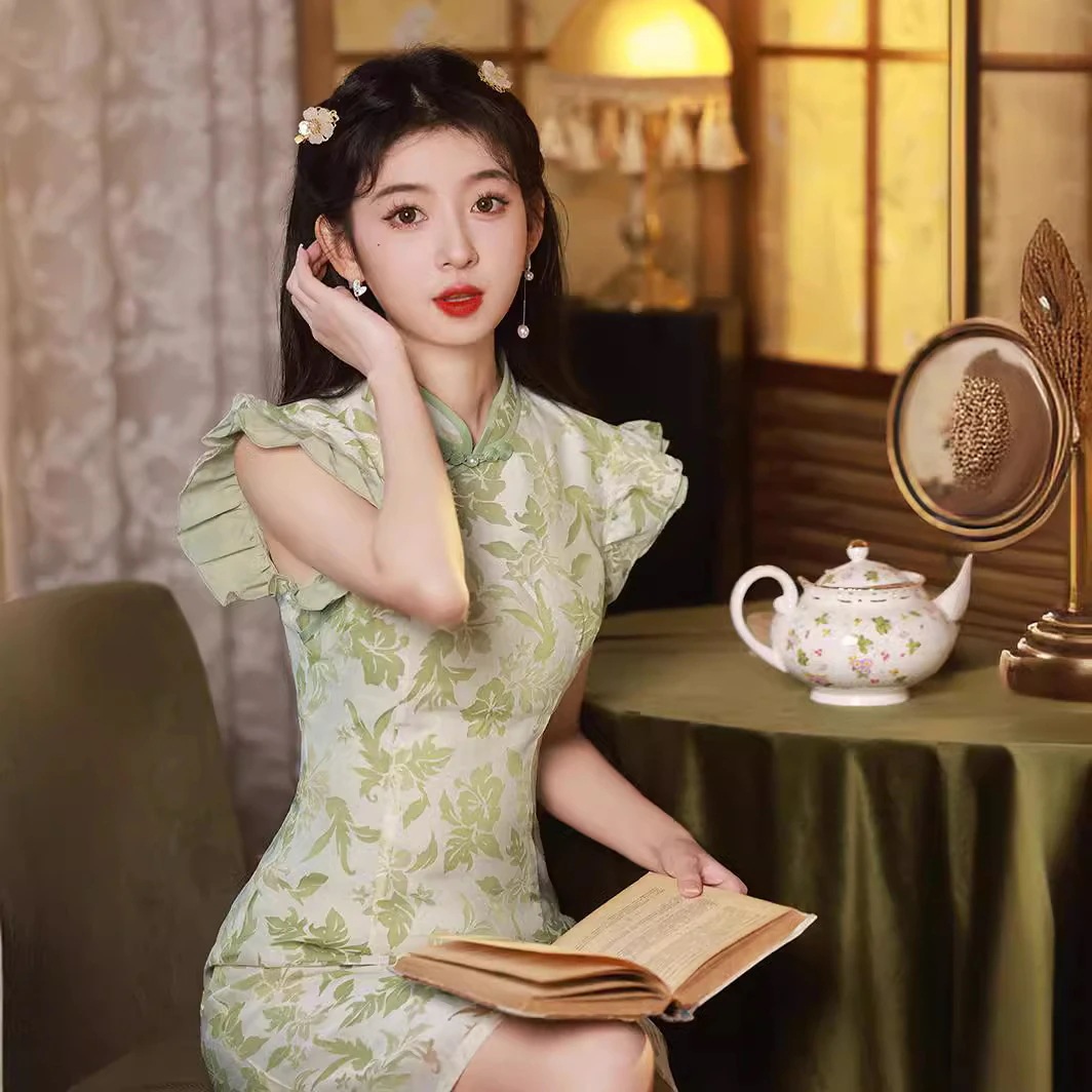 2024春夏改良チャイナドレスデイリーフライングスリーブショートガールズスタイルフレッシュチャイナドレスレディース