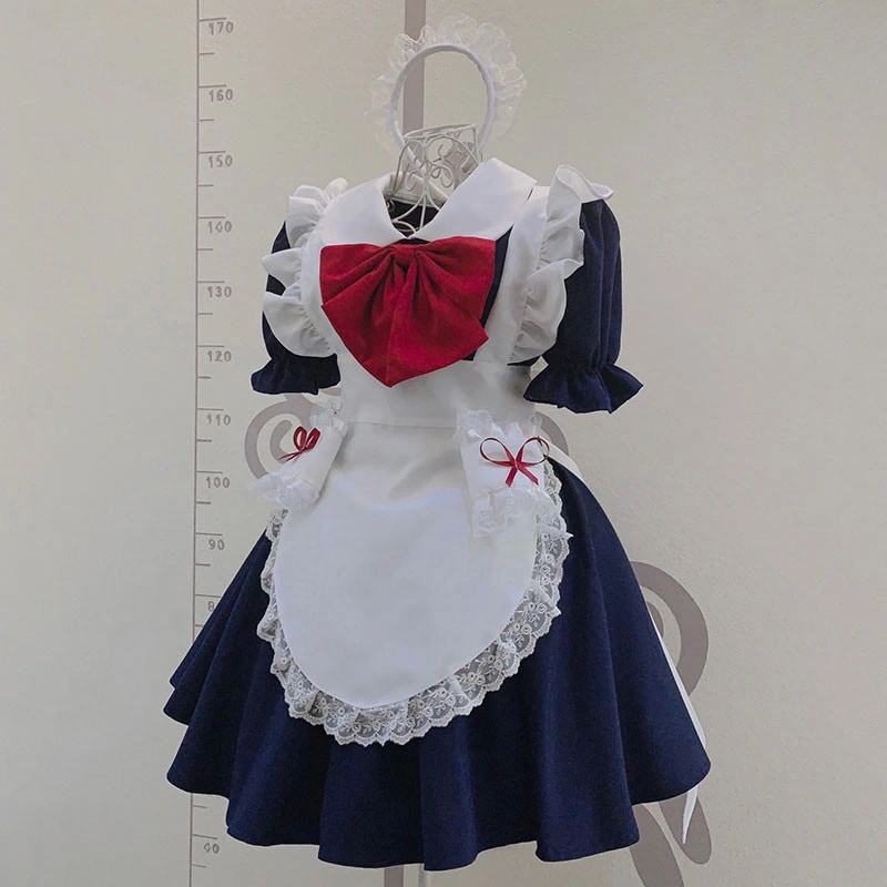 姫風 白色レースエプロン メイド服5点セット ブルー