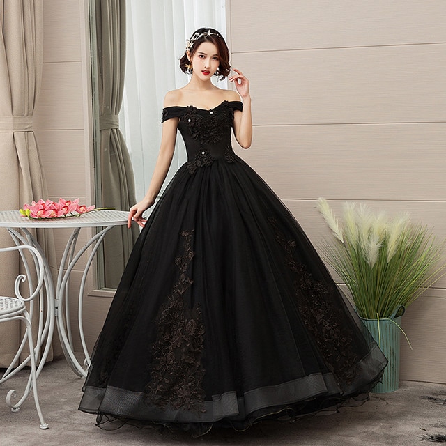 8001カラードレス　ロングドレス　ウェディングドレス　オフショルダー　ステージ　忘年会ドレス　結婚式二次会　イブニングドレス　Aライン　プリンセス　発表会　披露宴　演奏会　黒色　ブラック　大きいサイ