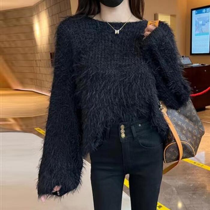 トップス シャギー ニット セーター レディース エレガント きれいめ カジュアル 長袖 大人 可愛い フェミニン おしゃれ ボートネック プルオーバー 体型カバー シンプル 韓国ブラック 黒 春 秋