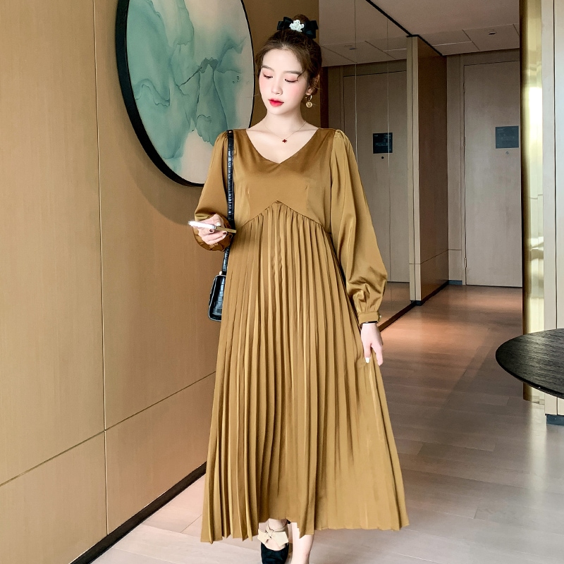 【送料無料】マタニティ ワンピース プリーツ 前後Vネック パフスリーブ 長袖 お呼ばれマタニティウェア