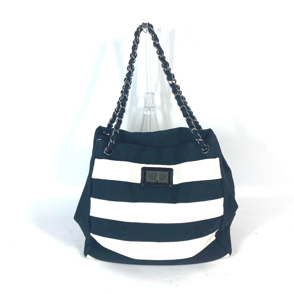 ショルダーバッグ 2.55金具 ボーダー チェーンバッグ カバン 肩掛け Wチェーン ナイロンキャンバス ブラック