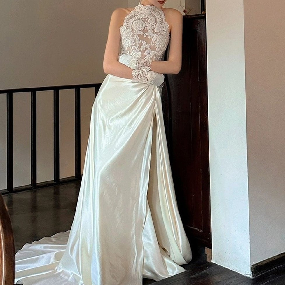ドレス パーティドレス ロングドレス シフォンドレス ハイネック ホルターネック ハイウエスト レース 透け感 シースルー 刺繍レース シフォン 切り替えデザイン レディース フォーマルドレス