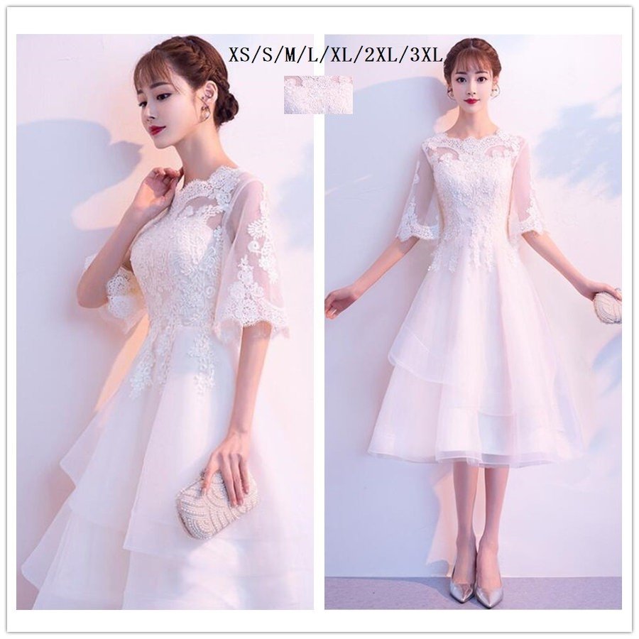 袖あり ウエディングドレス ミモレドレス ナイトドレス パーディードレス 30代40代 ステージ衣装