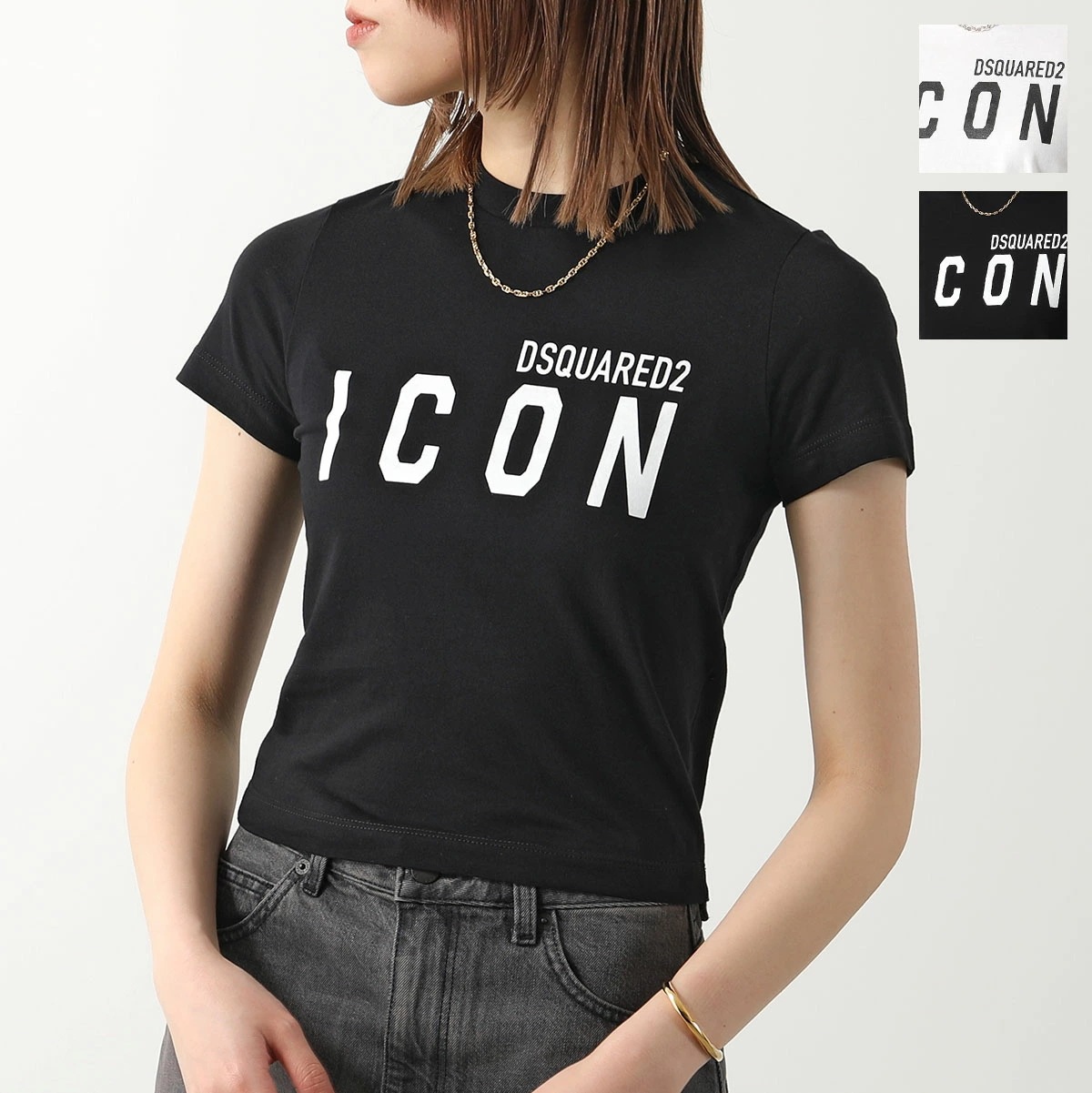 DSQUARED2 ディースクエアード Tシャツ BE ICON MINI FIT TEE S80GC0062 S24668 レディース 半袖クルーネック コットン ロゴ クロップド丈 カラー2色