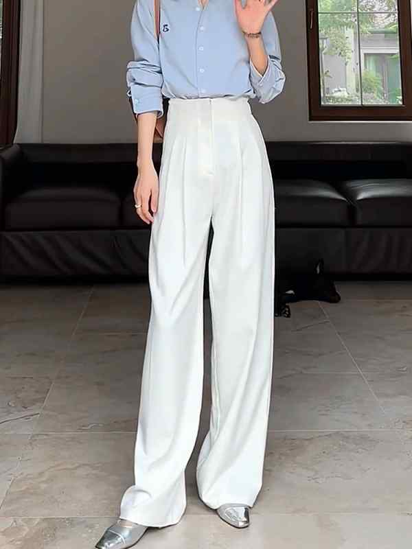 【送料無料】ハイウエスト プリーツ ストレート ワイド レッグ カジュアル パンツ スリム フロア レングス