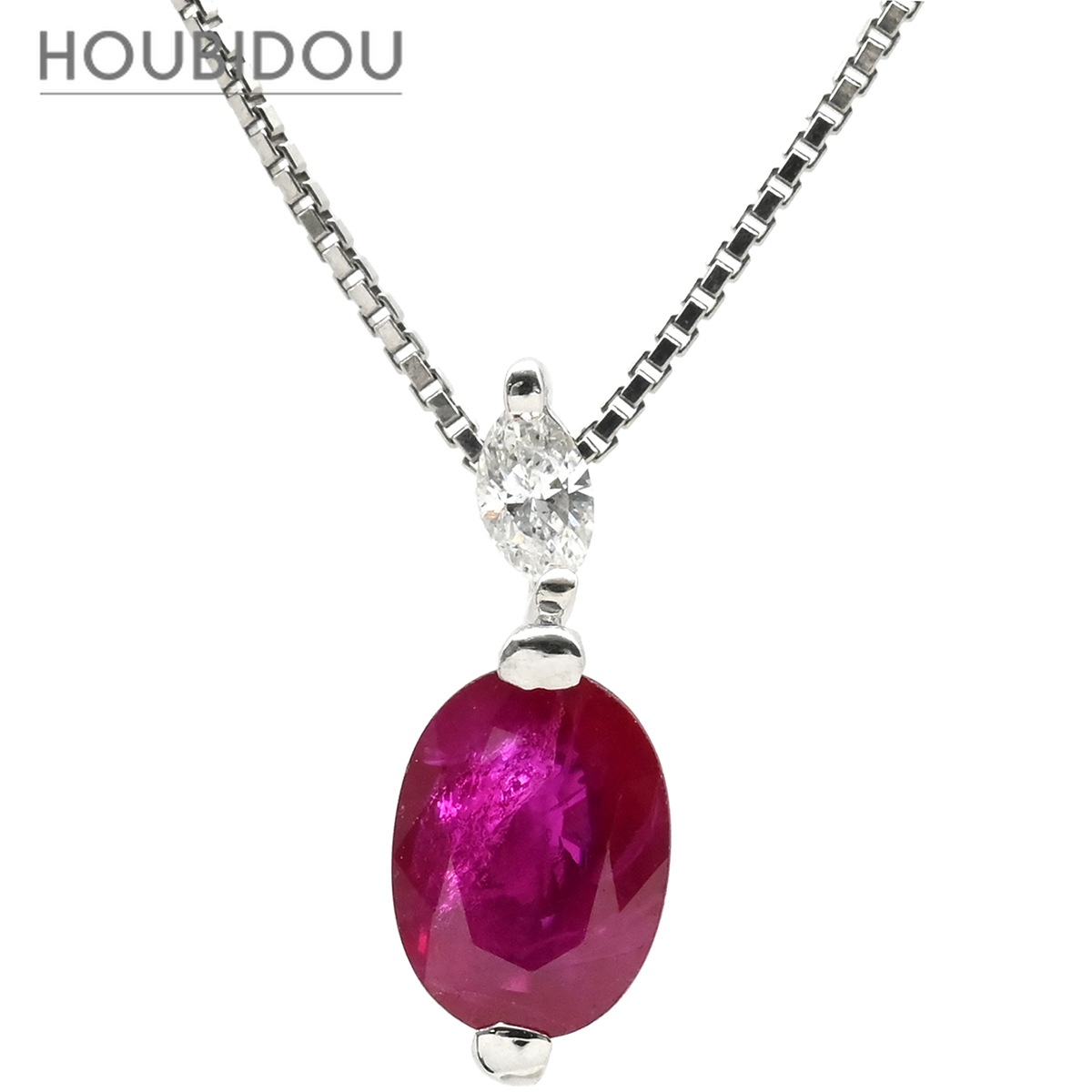 ネックレス ルビー 1.00ct ダイヤモンド ペンダント プラチナシルバー 赤 1石 1粒 オーバルカット マーキスカットダイヤ プラチナ 【中古】