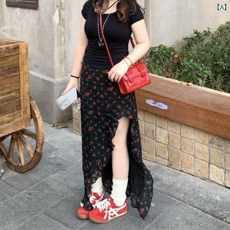 スカート　レディース　花柄 春夏 黒い 花柄 スカート 太めの mm 大きめ サイズ フレンチ ティーブレイク 不規則な フリル ハイウエスト 4,618円
