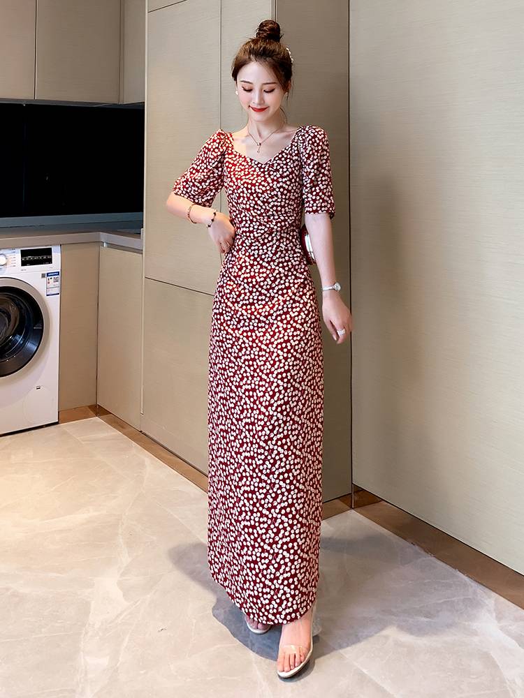 ワンピース レディース ロング マキシ iライン 細身 カシュクール チェリー 柄 赤 ５分袖 バックスリット 背中開き ファスナー 上品 大人可愛い きれいめ お洒落 お出かけ パーティー リゾート